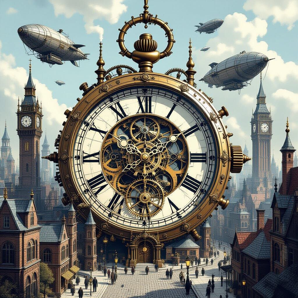 Steampunk City Inside Giant Pocket Watch with Airships