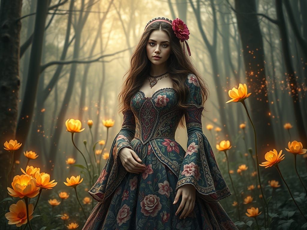 Fantasy Woman in Zhostovo Floral Dress