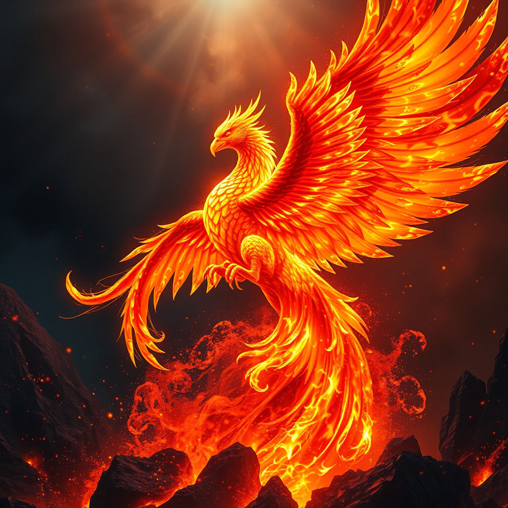 Kaleidoscopic Phoenix Rising from Flames: Matte Painting