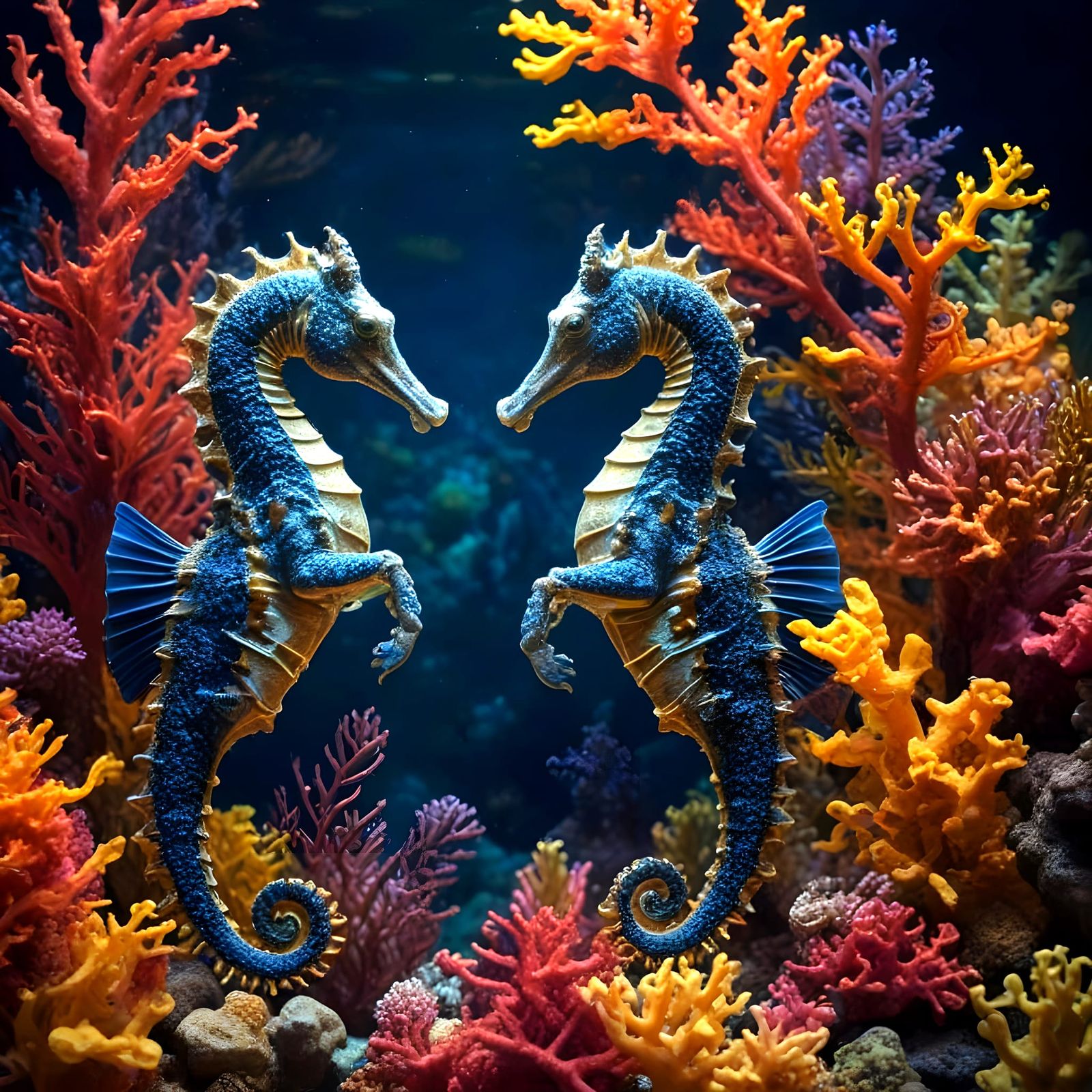Majestic Seahorses in Sunset Coral Reef