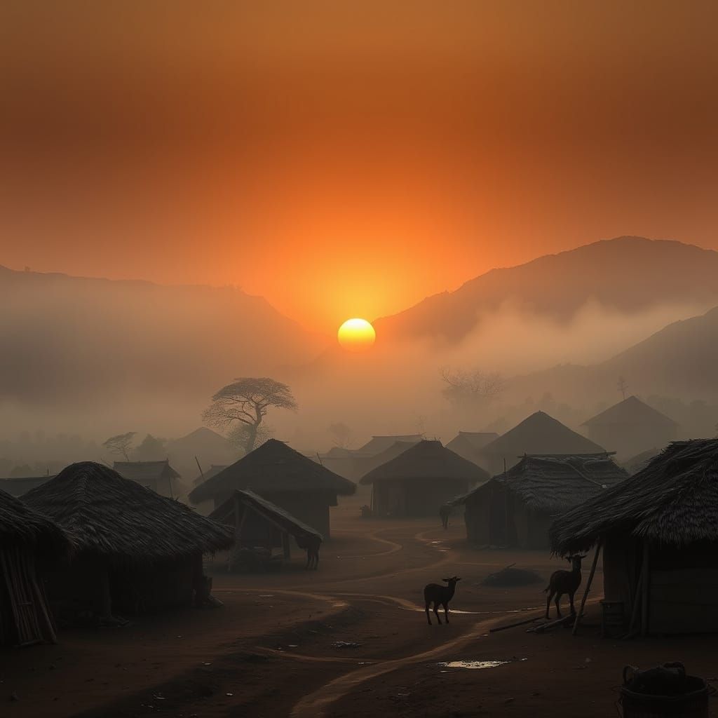 African Village at Dawn, Misty Morning