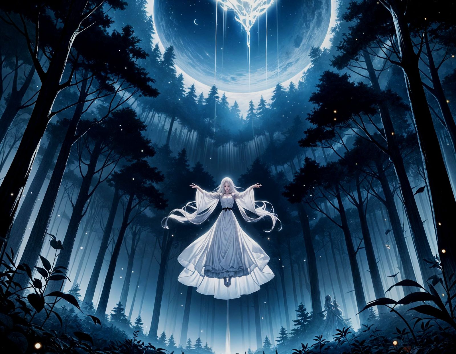 Ethereal Ghost Woman Floating Above Chasm