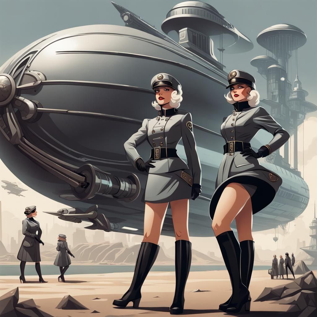 Dieselpunk Officer Girls Frolic by Futuristic Airship