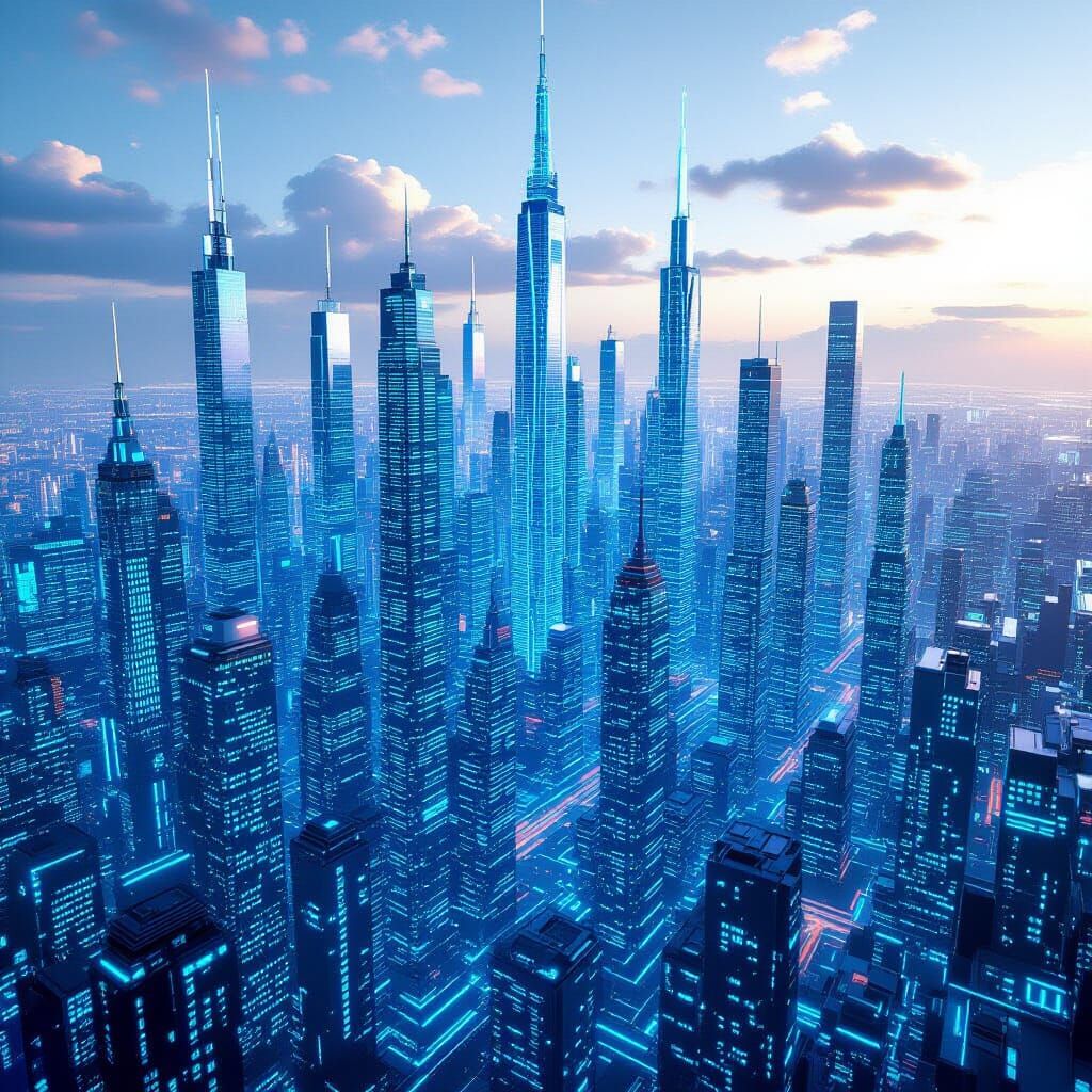 A futuristic city built completely of only binary code