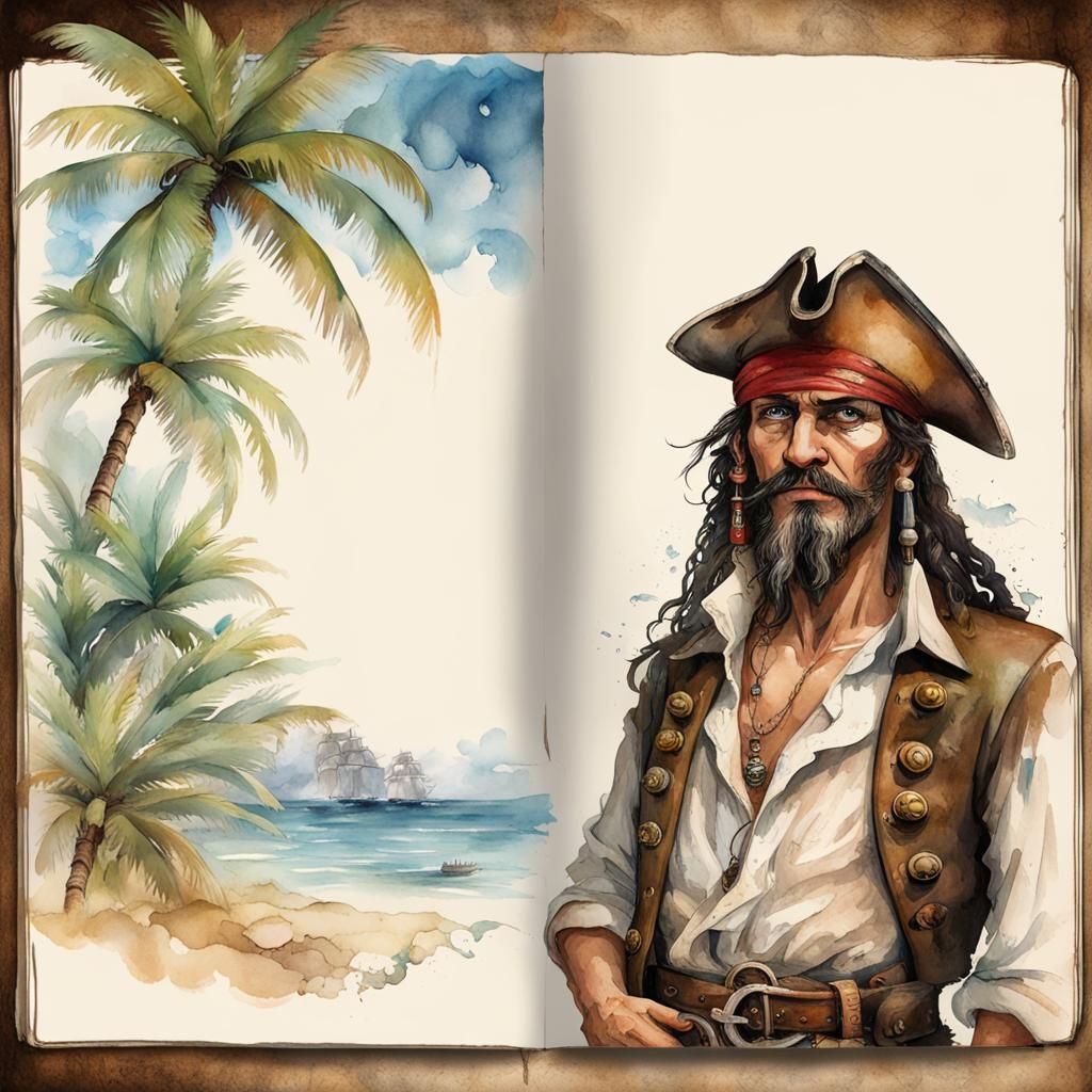 Caribbean Pirate Portrait on Aged Journal Page