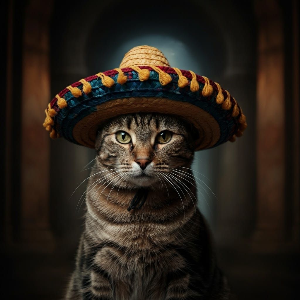 Tabby Cat in Sombrero: Cinematic Film Still