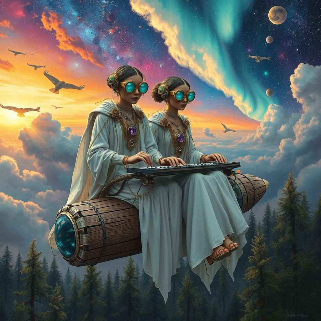 Ethereal Figures Compose Poetry in Sunset Galaxy