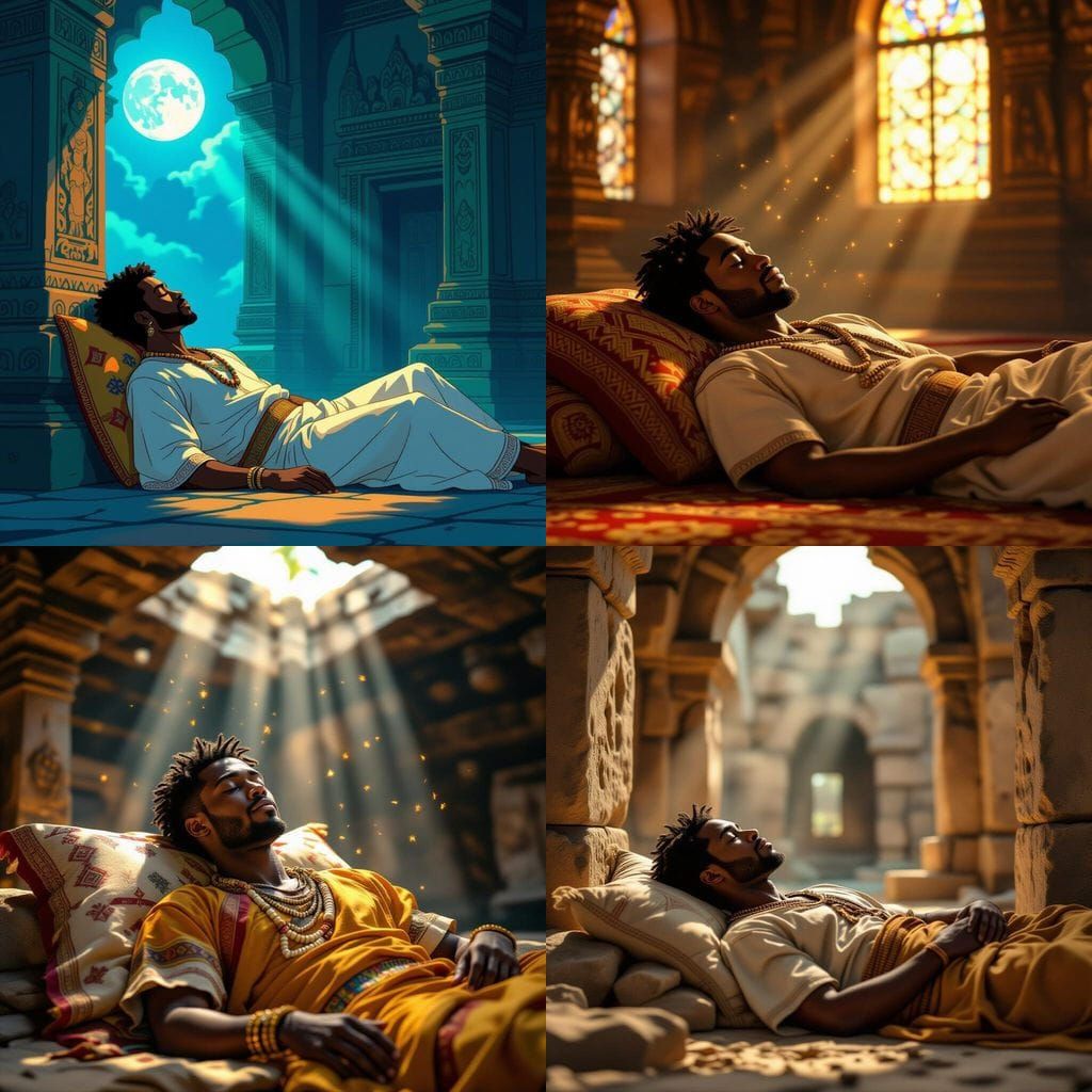 African Man Lying Deceased in Temple, Realistic Animated Sty...