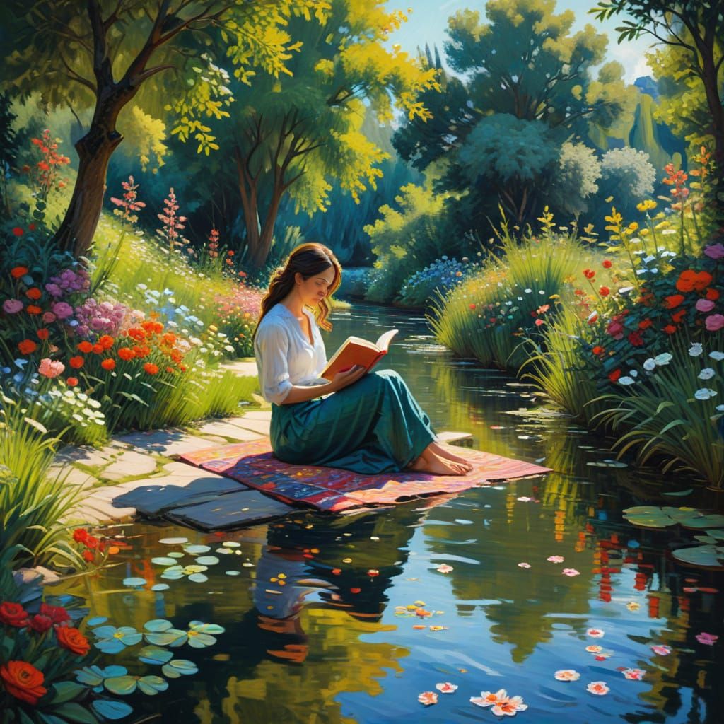 Expressionist Canal Scene with Woman Reading