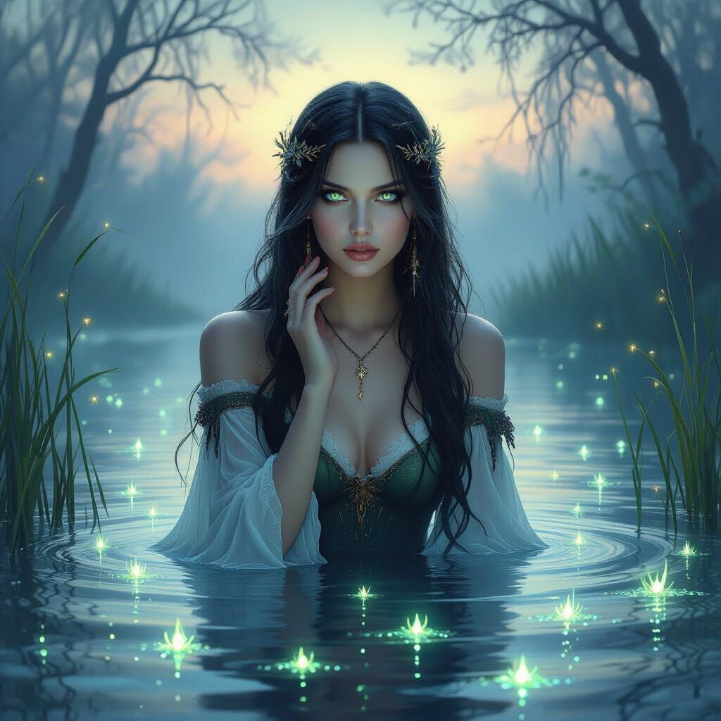 Ethereal Rusalka Beckons from Misty Twilight Lake