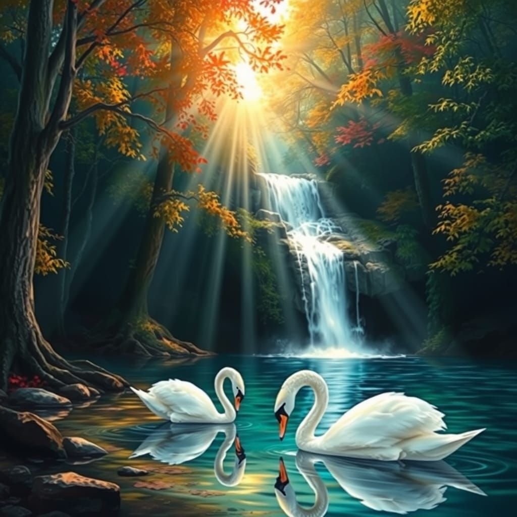 Swans Drink Near Luminous Waterfall in Fall Forest