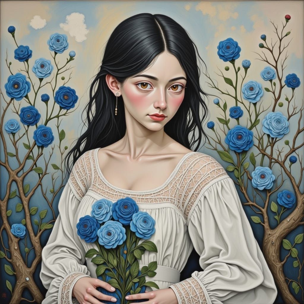 Serene Woman with Blue Roses in Classic Portraiture