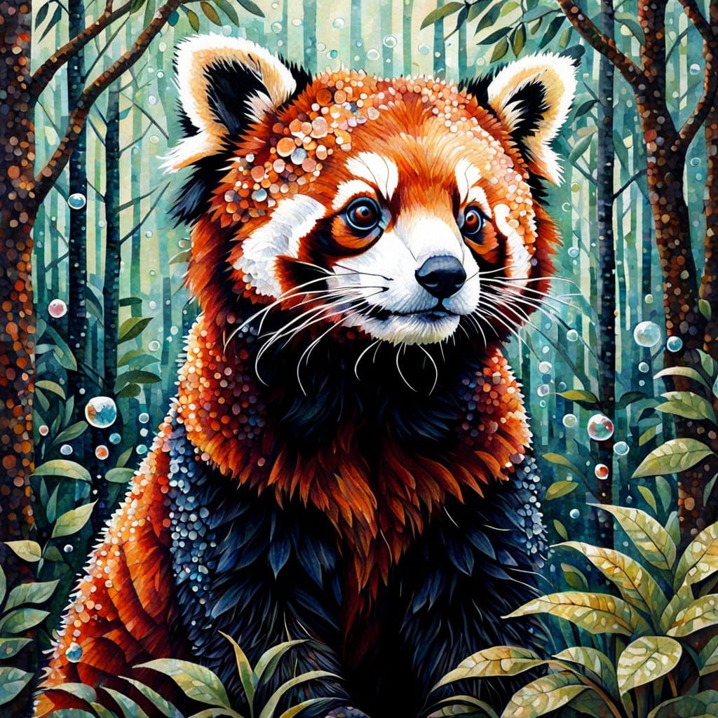 Portrait Red Panda Forest Bubbles Patterns Mosaics Clare Youngs Pointillism