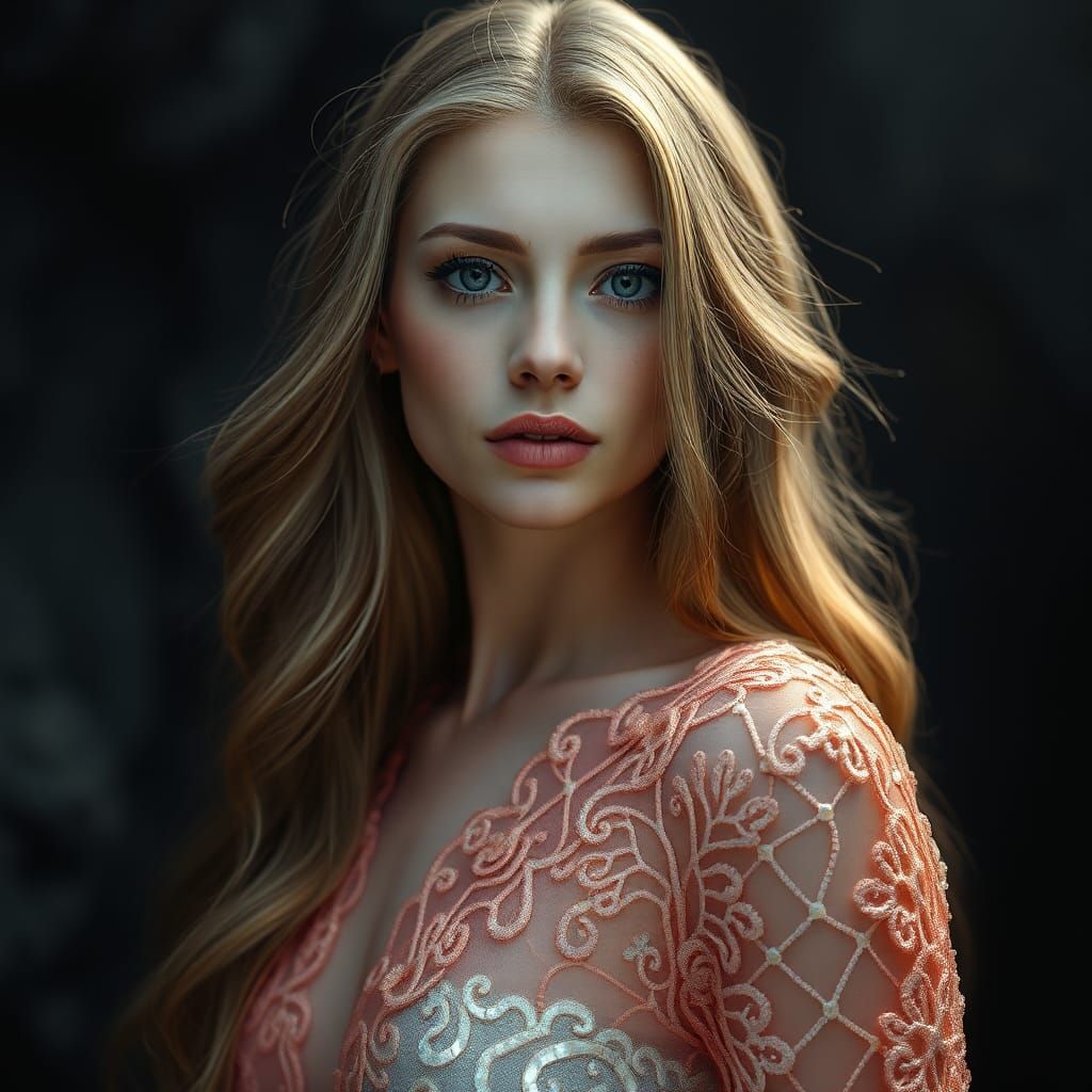 Ethereal Woman with Coral Attire in Cinematic Style