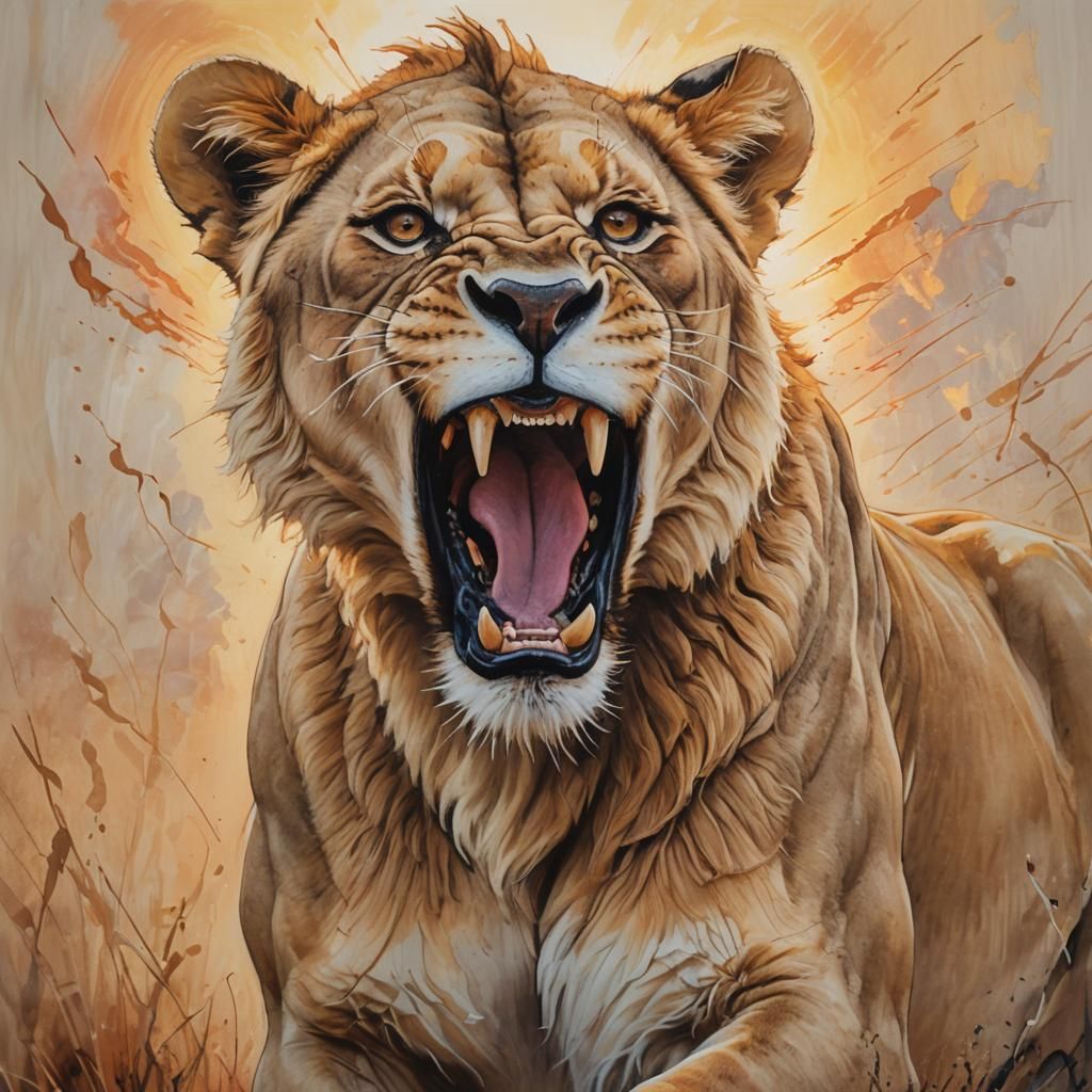 Whimsical Lioness Roaring Music at Sunrise