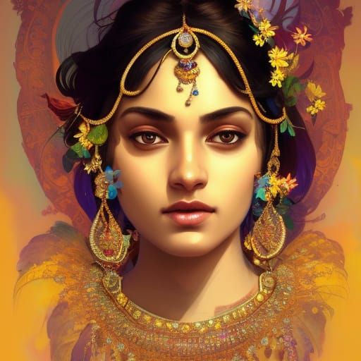 Beautiful Indian Princess Portrait with Tropical Flowers