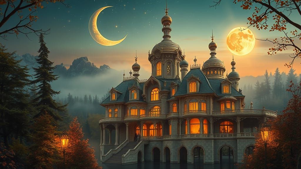 Fantasy Palace Under Moonlight in Painterly Style