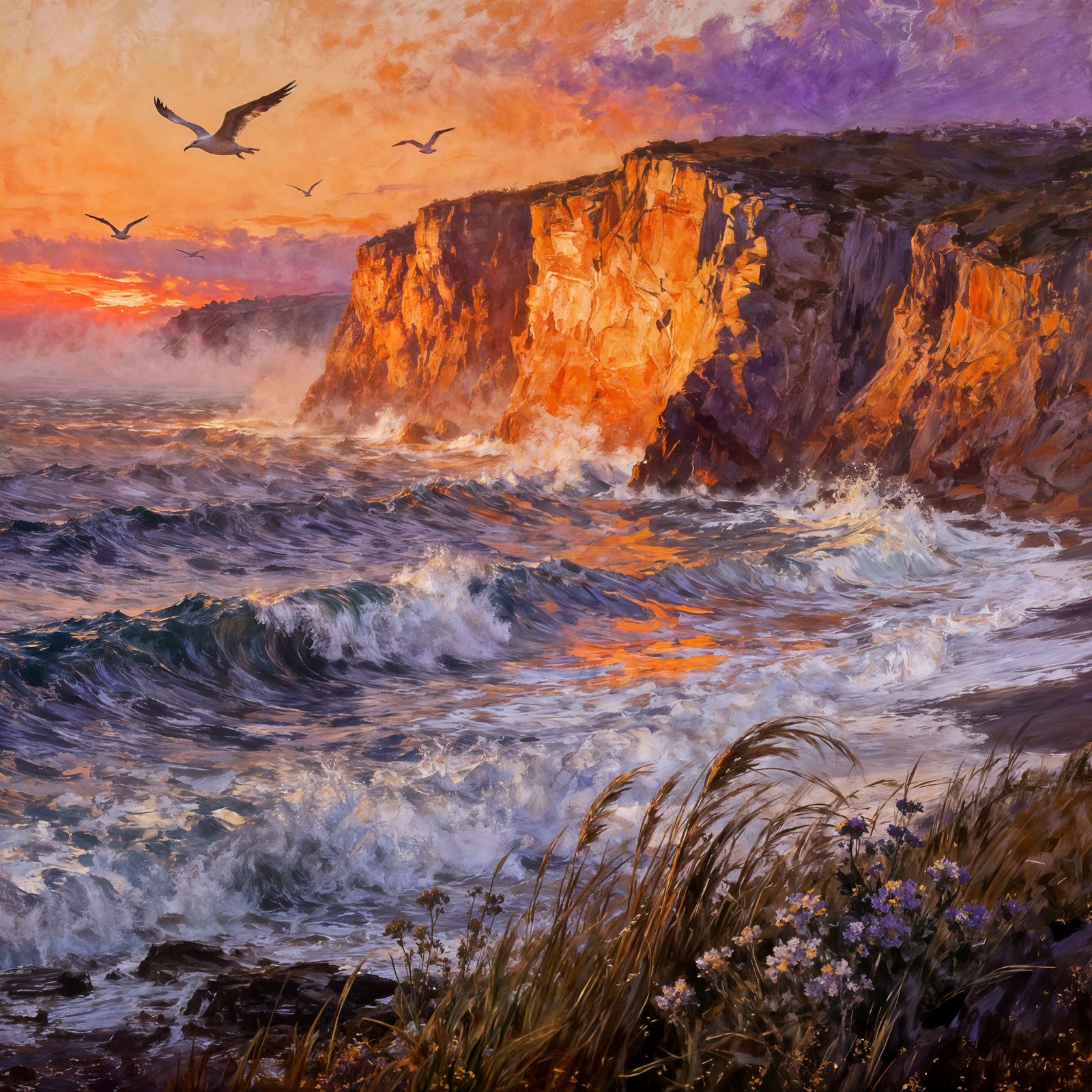 Seabirds Over Rugged Cliffs at Sunset Oil Painting