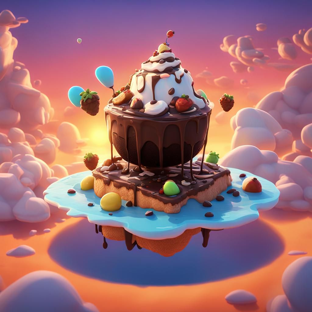 Food Fantasy Hot fudge Sundae Floating Island with Marshmall...