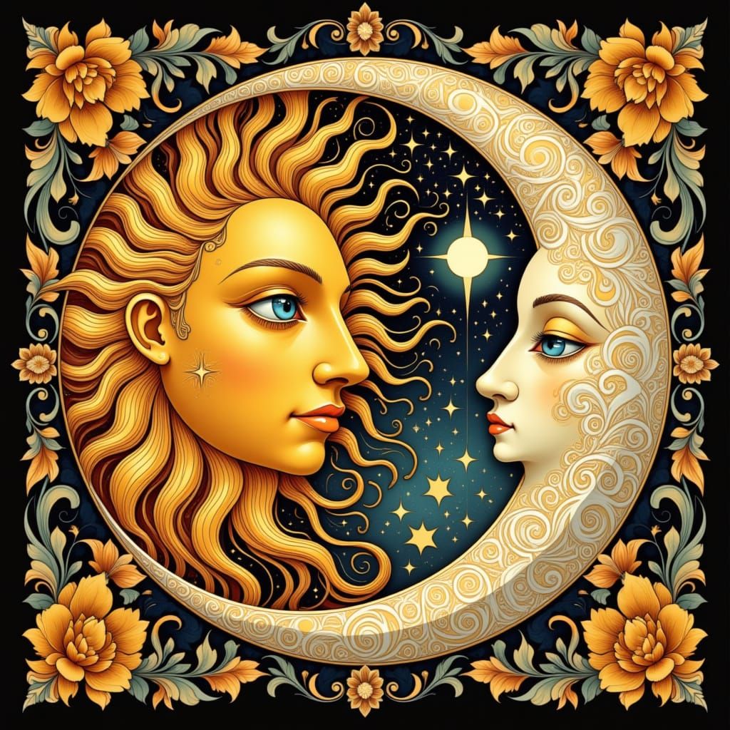 Folk Art Nouveau-Inspired Sun and Moon Composition