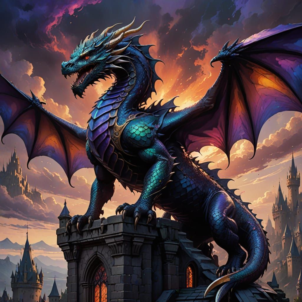 Majestic Dragon on Castle Spire in Dark Fantasy Style