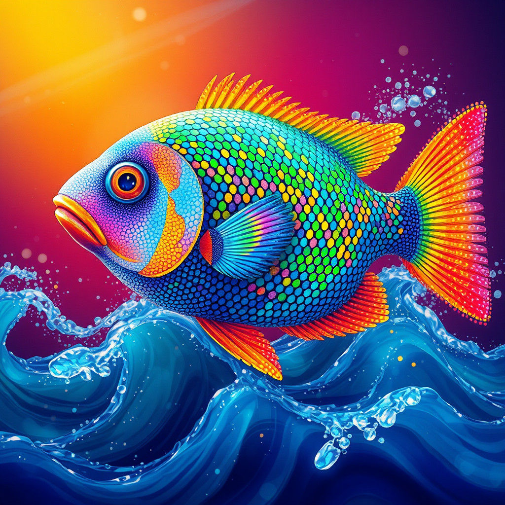 Vibrant Pointillist Fish Swimming in Colorful Waves