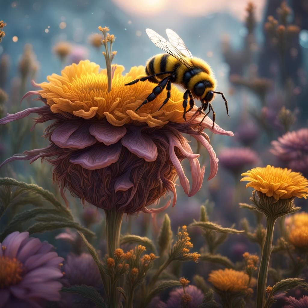 Bee on Flower: Detailed Matte Painting in 8K