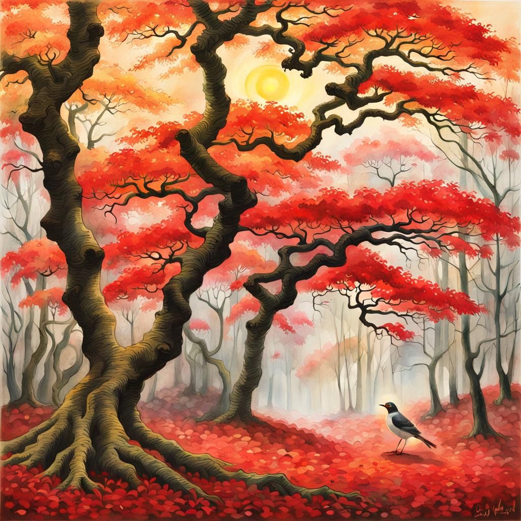 Whimsical Watercolor Japanese Maple Tree in Bloom
