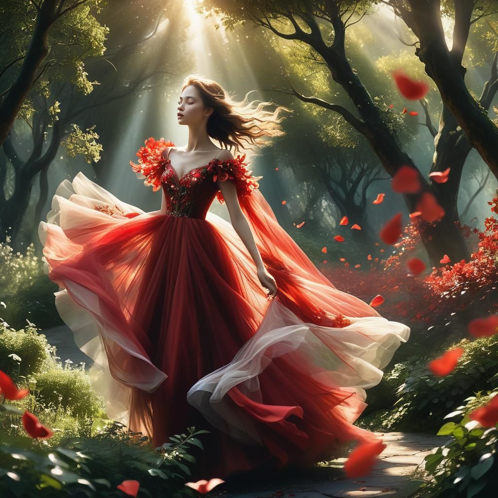 Red Tulle Dress Floats in Lush Garden