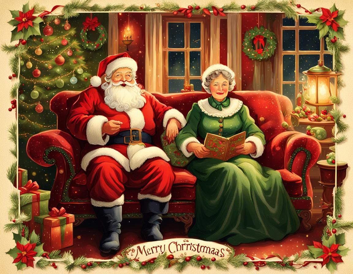 Victorian Christmas Card with Santa and Mrs. Claus