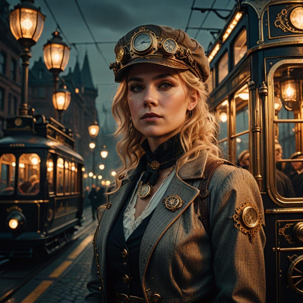 Steampunk Blond Bus Driver in Tram at Night