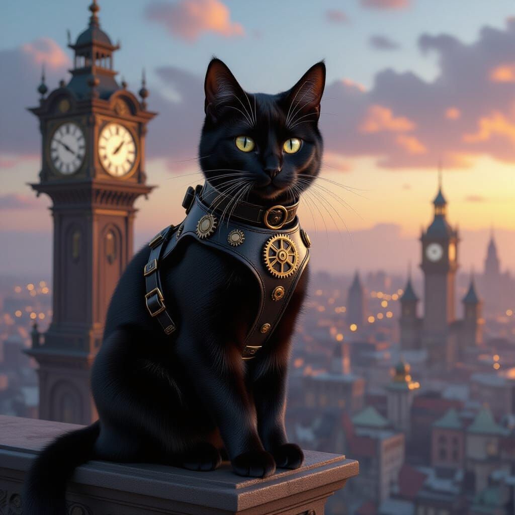 Steampunk Cat Master Thief Overlooking Metropolis