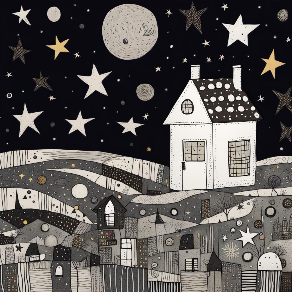 Midnight House on the Moon in Art Brut Style