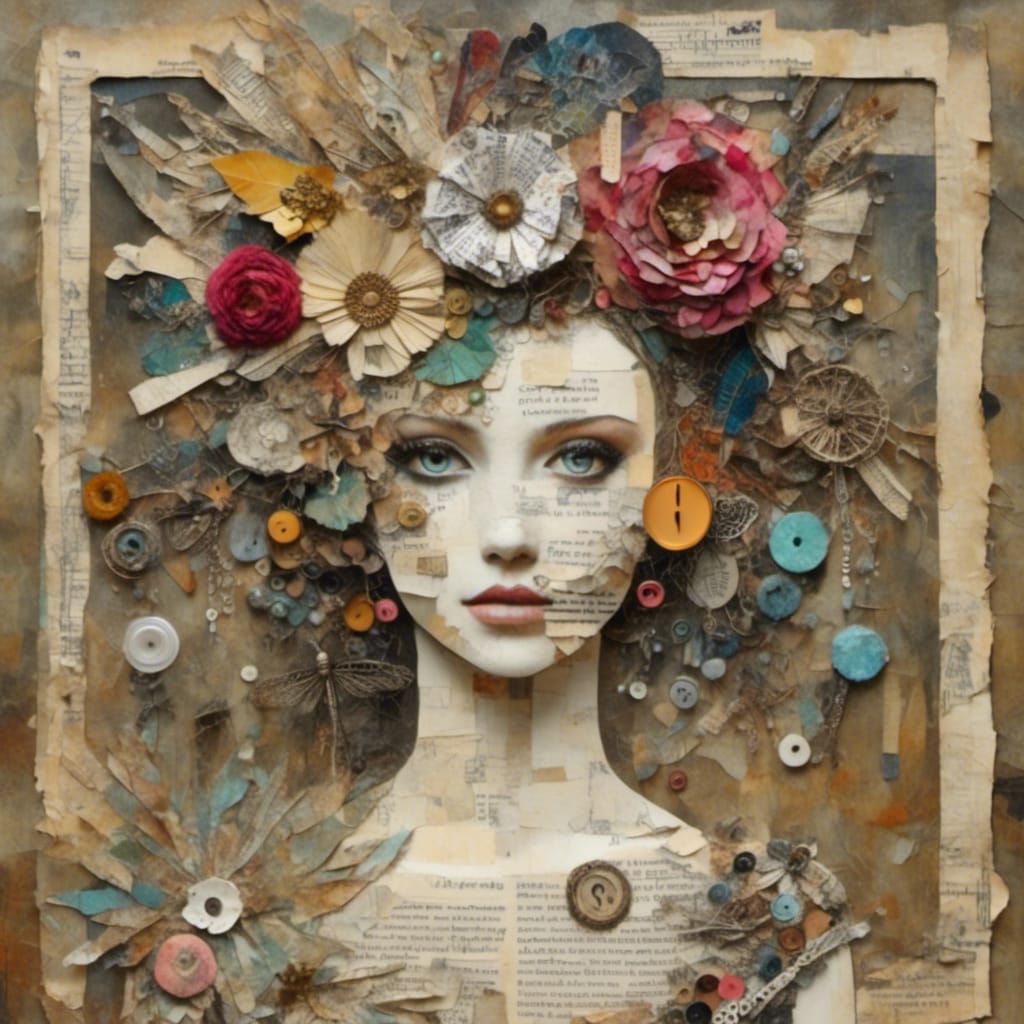 Reclaimed Collage: Flower Lady with Dragonflies