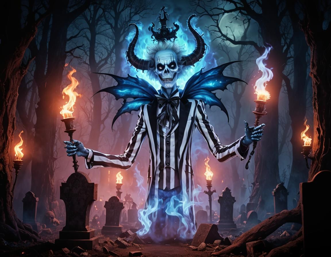 Psychedelic Beetlejuice Demon in Burtonesque Graveyard