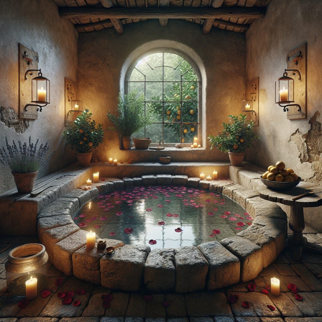 Medieval Stone Bath with Roses and Candlelight