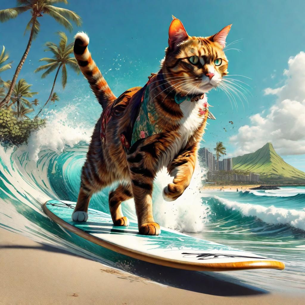 Cat Surfer on Hawaiian Beach, Maximalist Style