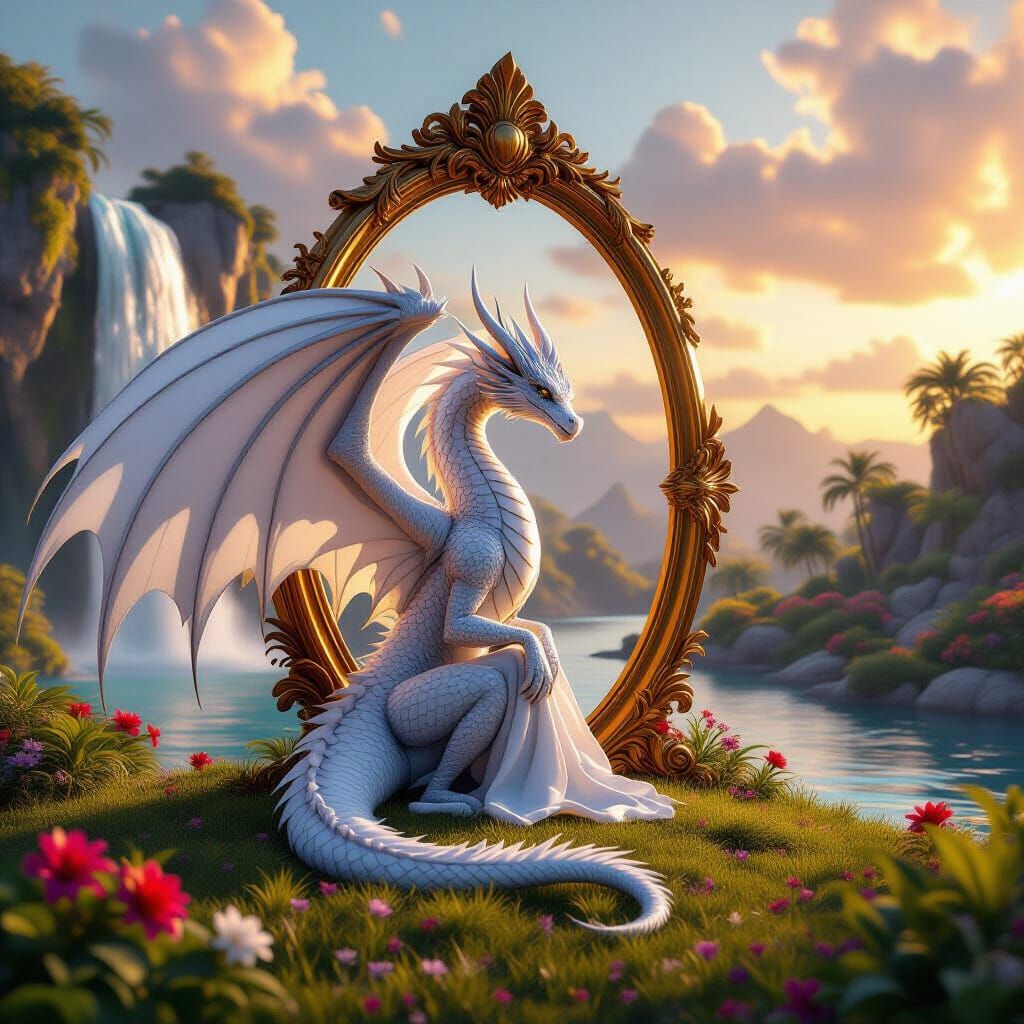 White Dragon Guards Golden Mirror Portal at Sunset