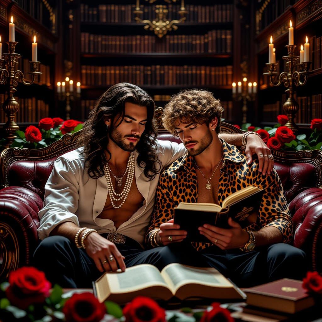 Opulent Library Scene: Regal Man Reads With Companion
