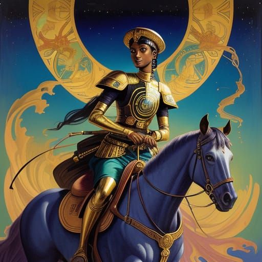 Nilotic Princess Rides Horse in Futurism Gouache Style
