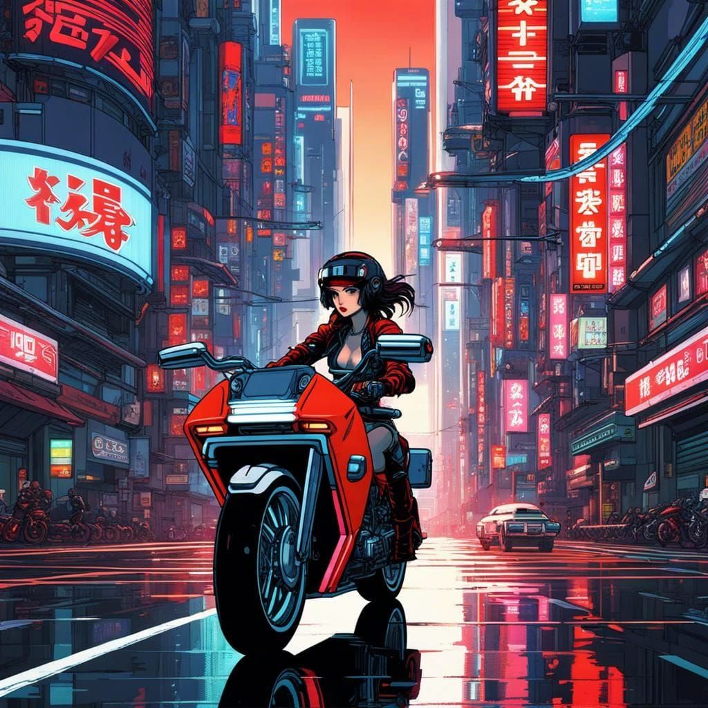 Cyber Anime Girl Rides Through Neo Tokyo