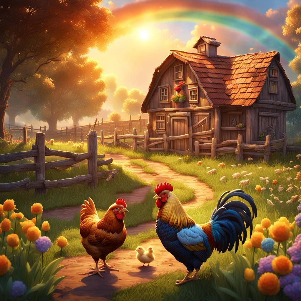 Farm Scene with Hen, Chicks, and Rooster