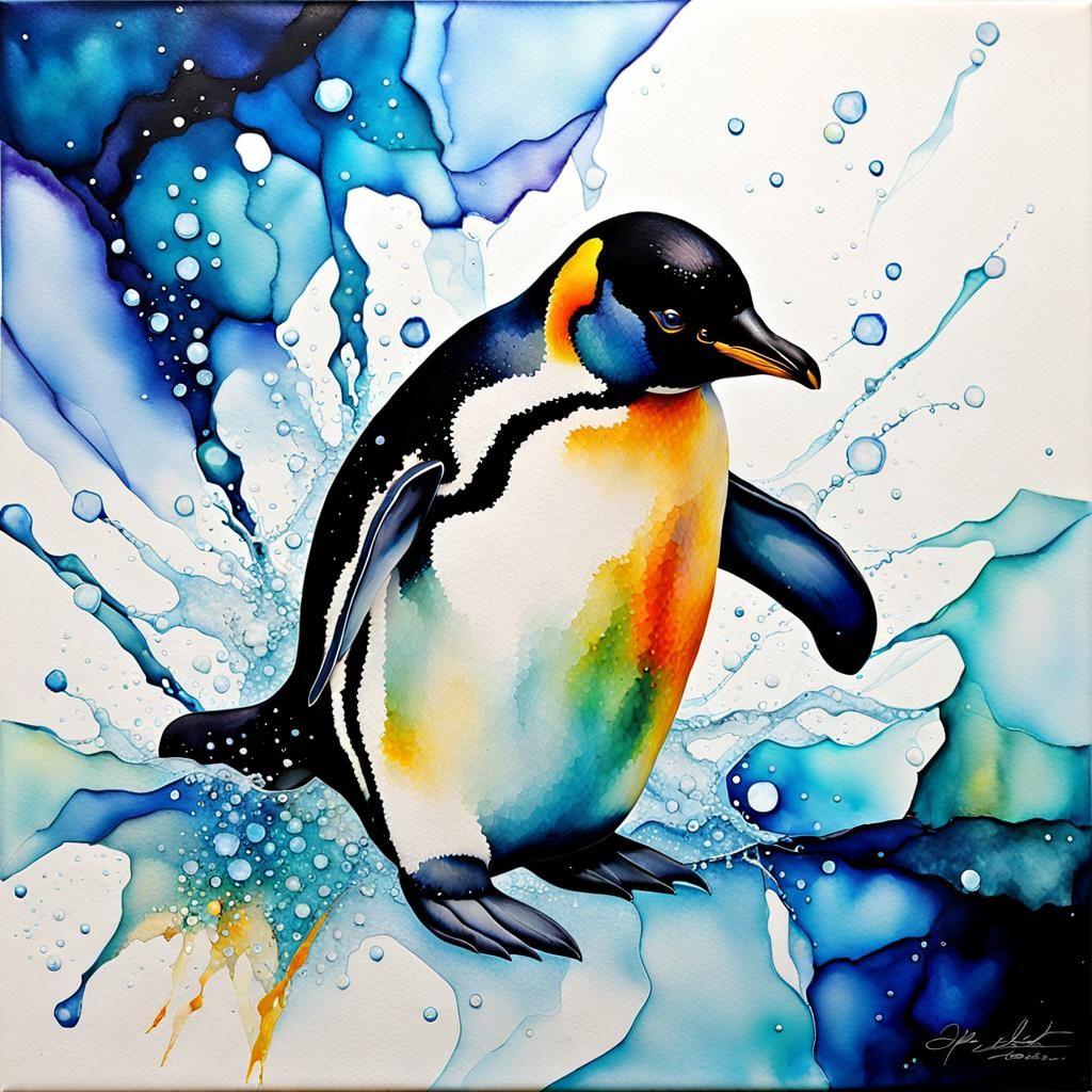 Penguin Slides on Ice in Divisionist Style
