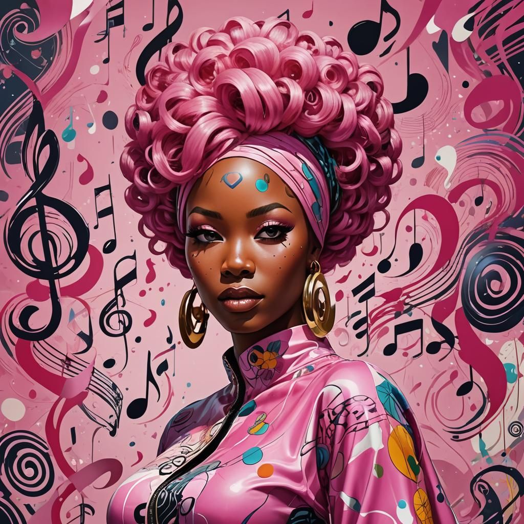 Afrofuturistic Airbrush Painting of Woman with Pink Hair