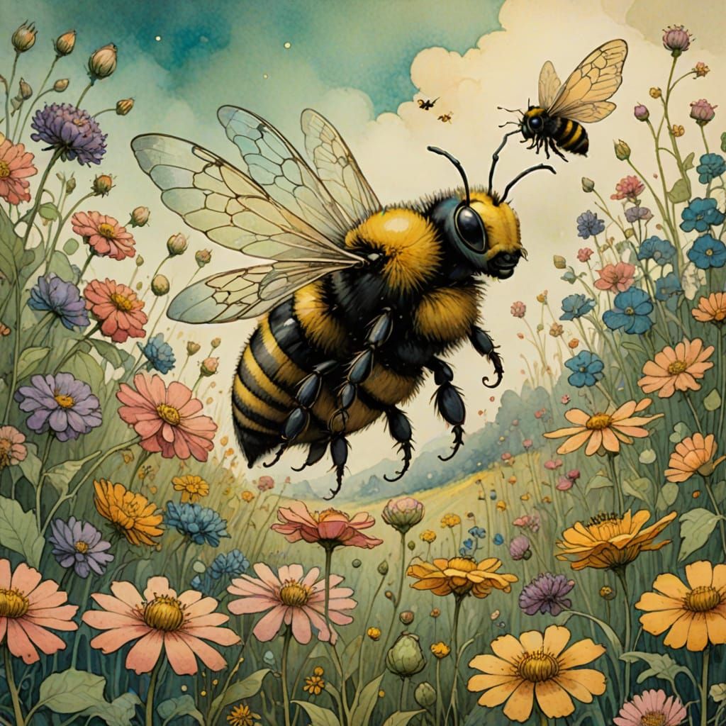 Fairy Riding Bumblebee in Watercolor Storybook Style