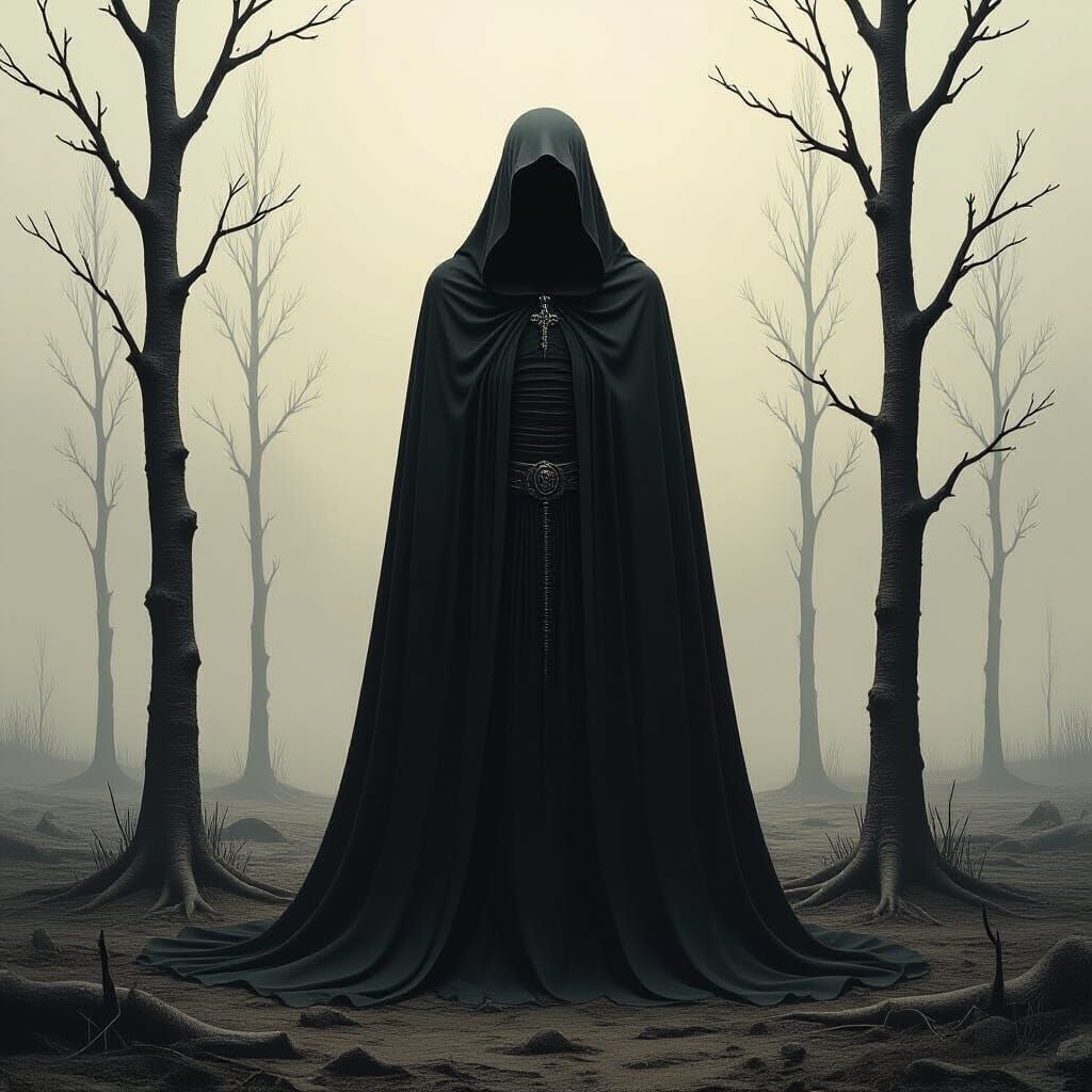 Solemn Figure in Barren Landscape, in Dark Surrealist Style