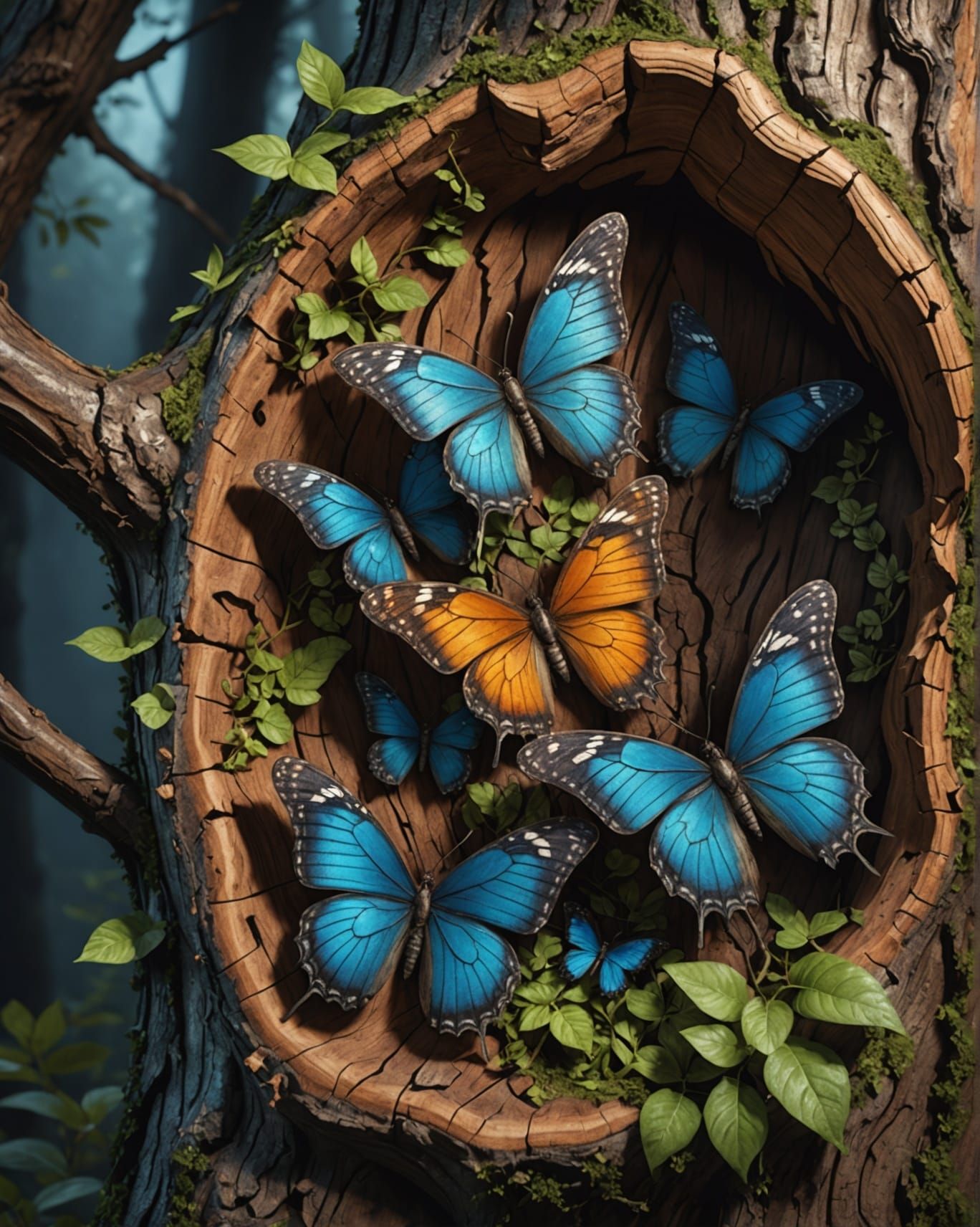 Intricate Wood Carving of Butterflies: Fantasy Concept Art