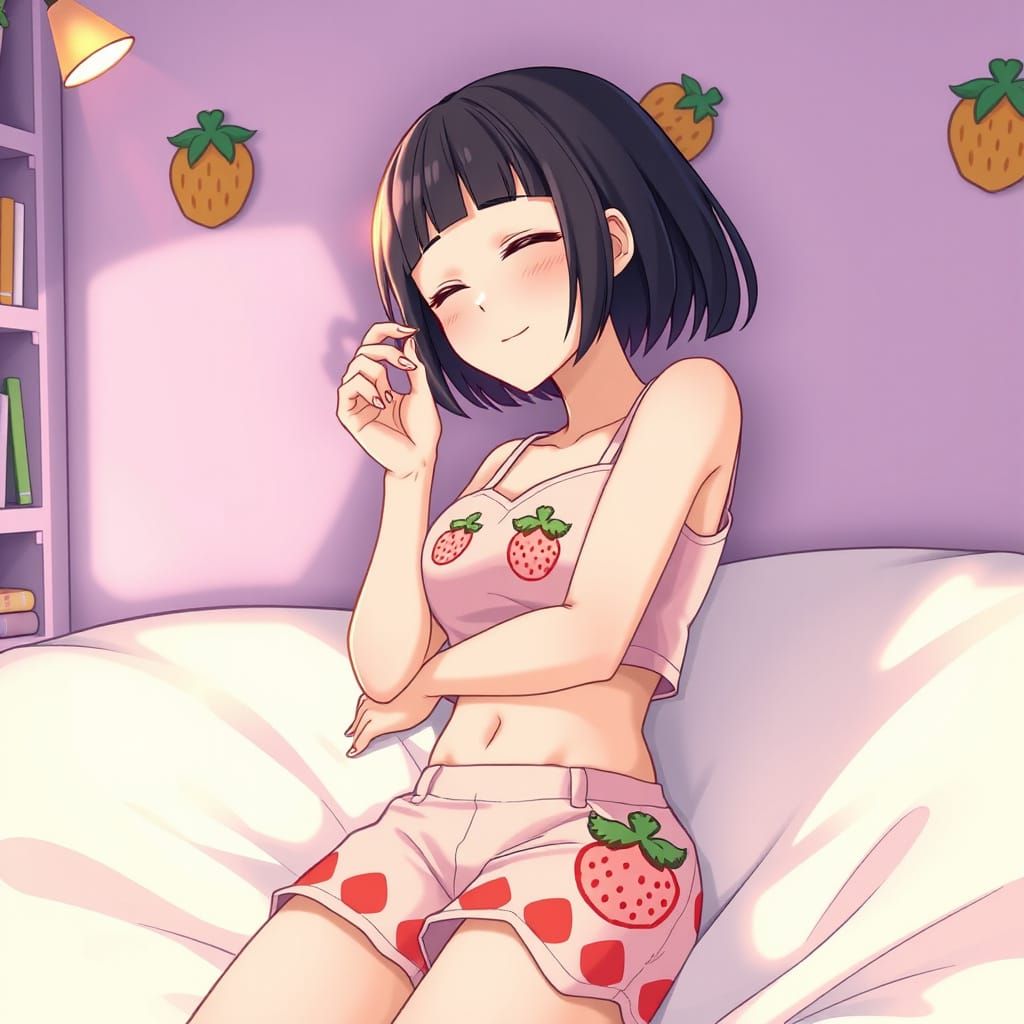 Anime Girl Sleeping in Strawberry Outfit at Night