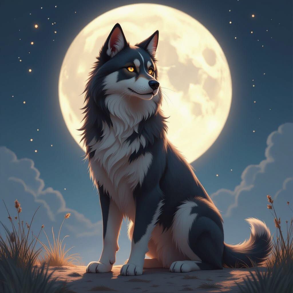 Fantastical Cat-Dog Hybrid Creature in Moonlight