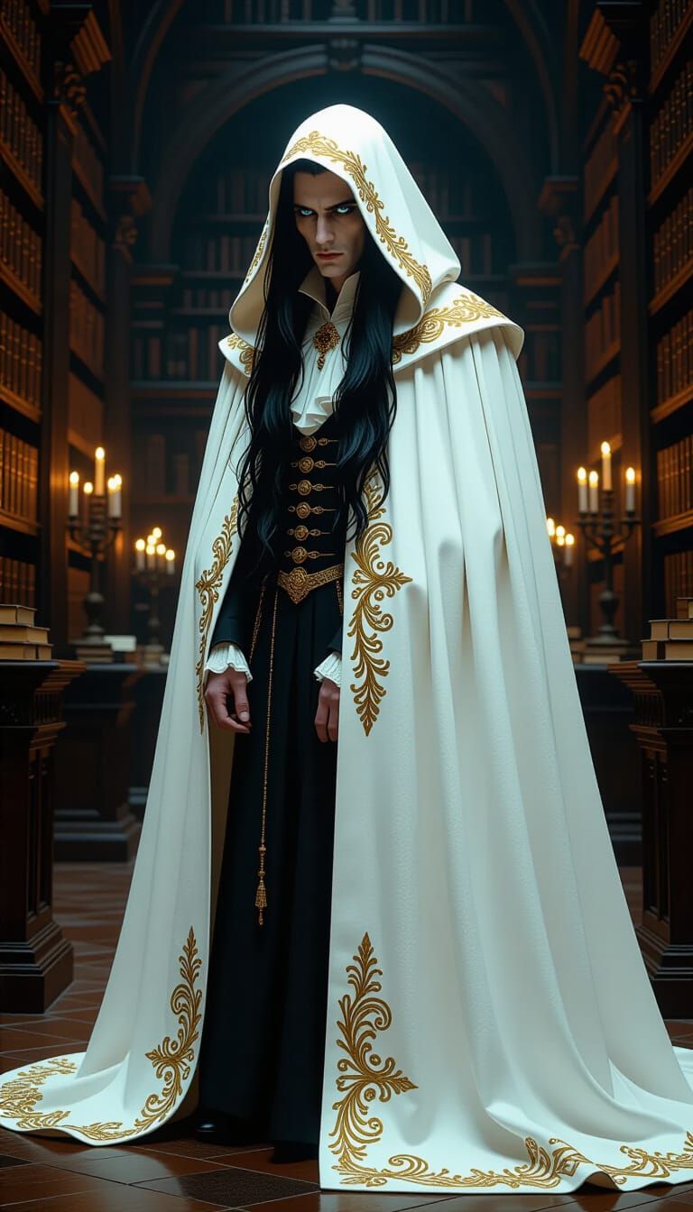 A sorrowful vampire scholar with long, flowing black hair an...